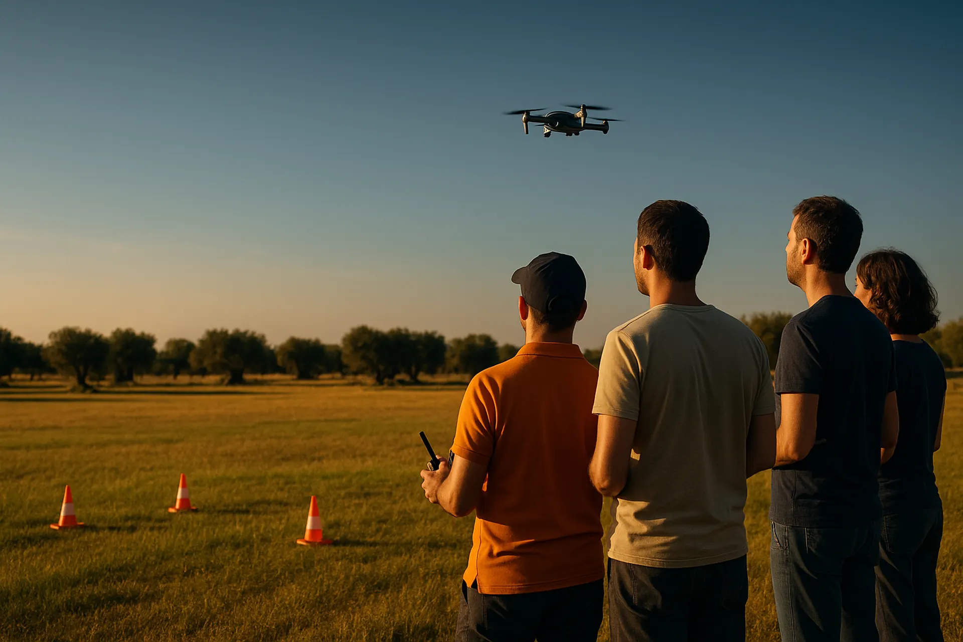 Istruttore e allievi pilotano un drone in un campo di addestramento