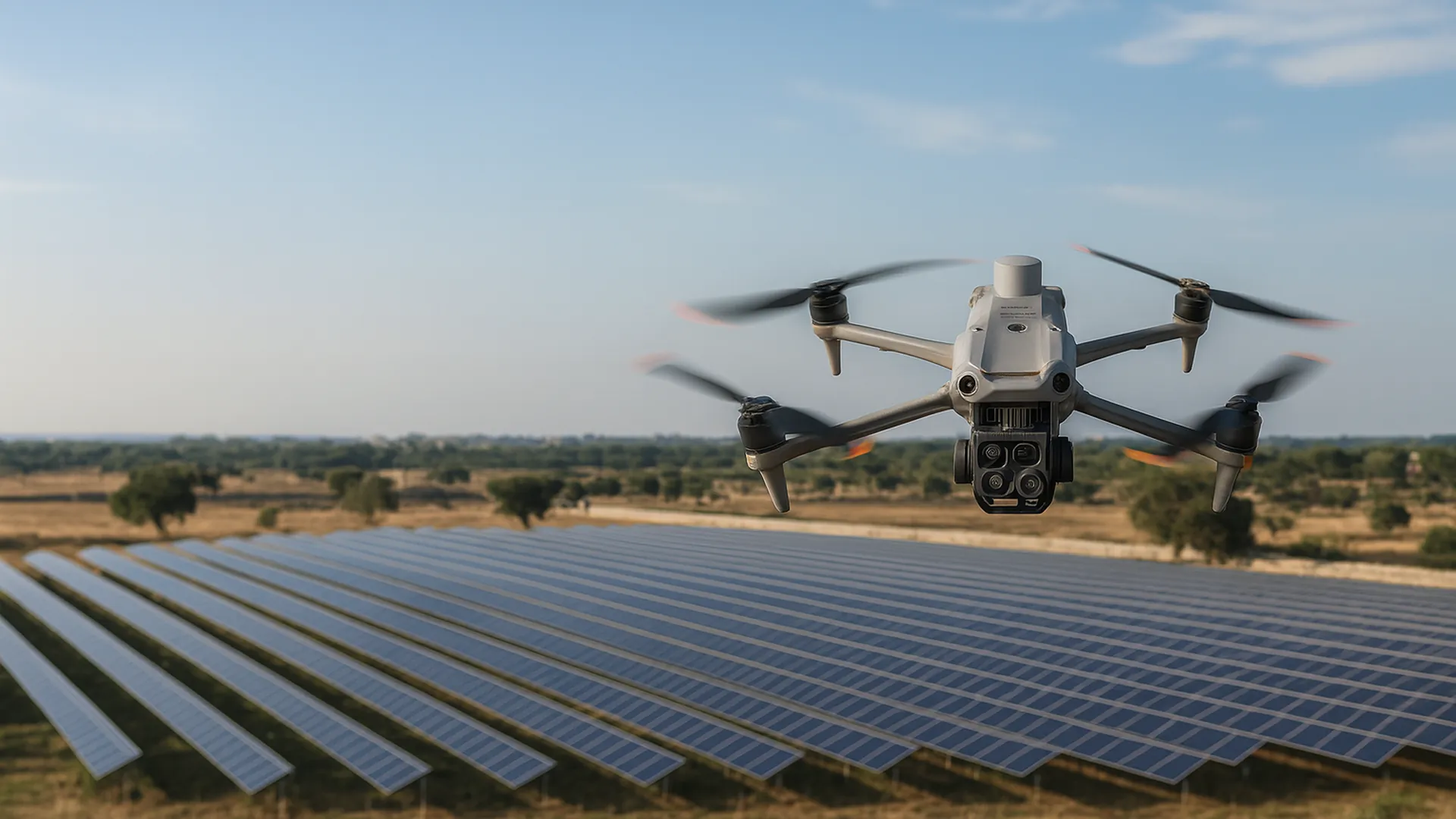 Drone DJI Matrice 4T che ispeziona un impianto fotovoltaico in Puglia